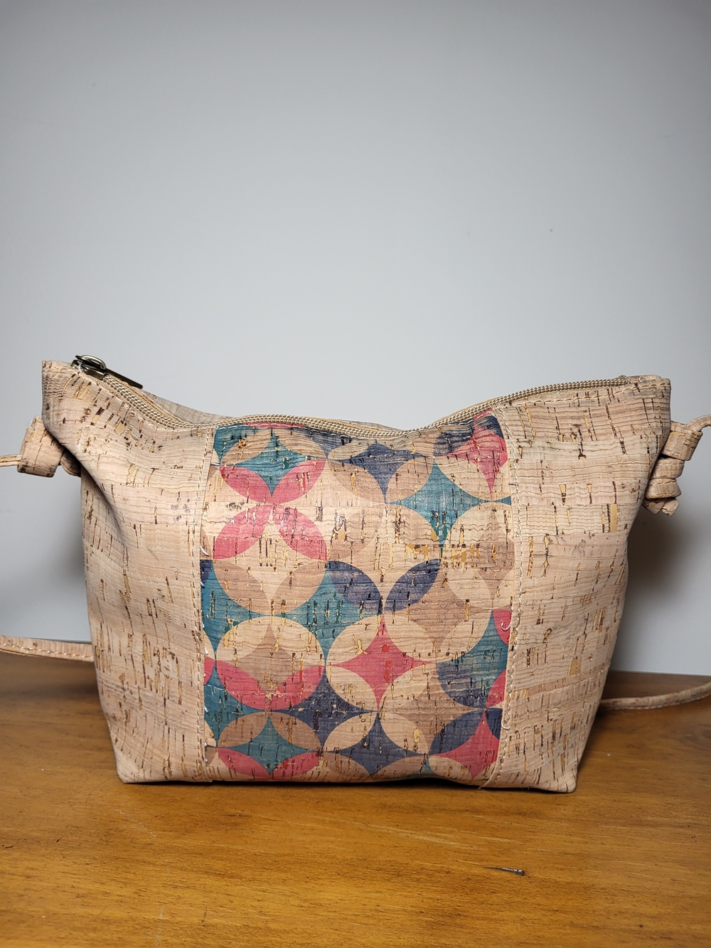 Crossbody Cork Bag with Geometric Pattern - Pink, Blue, Tan